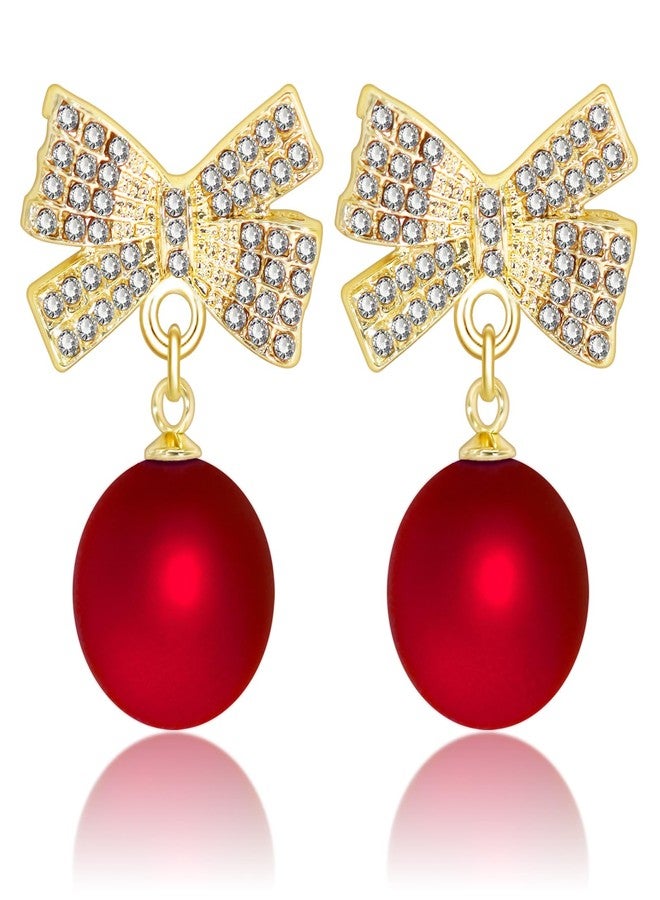 mintolex Bow Pearl Earrings for Women Red Green Elegant Ribbon Earrings Dainty Pearl Bow Jewelry Gifts for Christmas Wedding Party Daily Outfits, gold b red p - Image 1